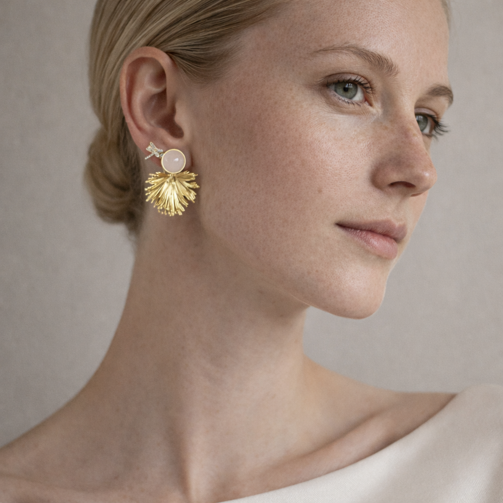 Rozquartz Taşı | 24 K Altın Kaplama Özel Tasarım Küpe