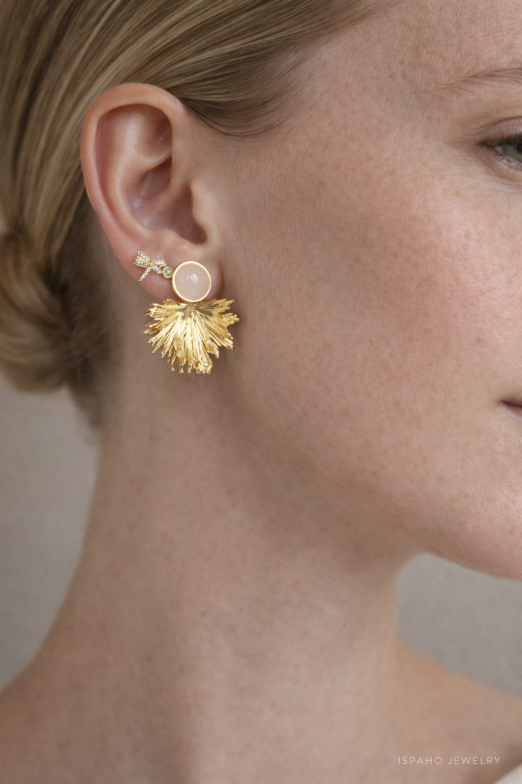 Rozquartz Taşı | 24 K Altın Kaplama Özel Tasarım Küpe