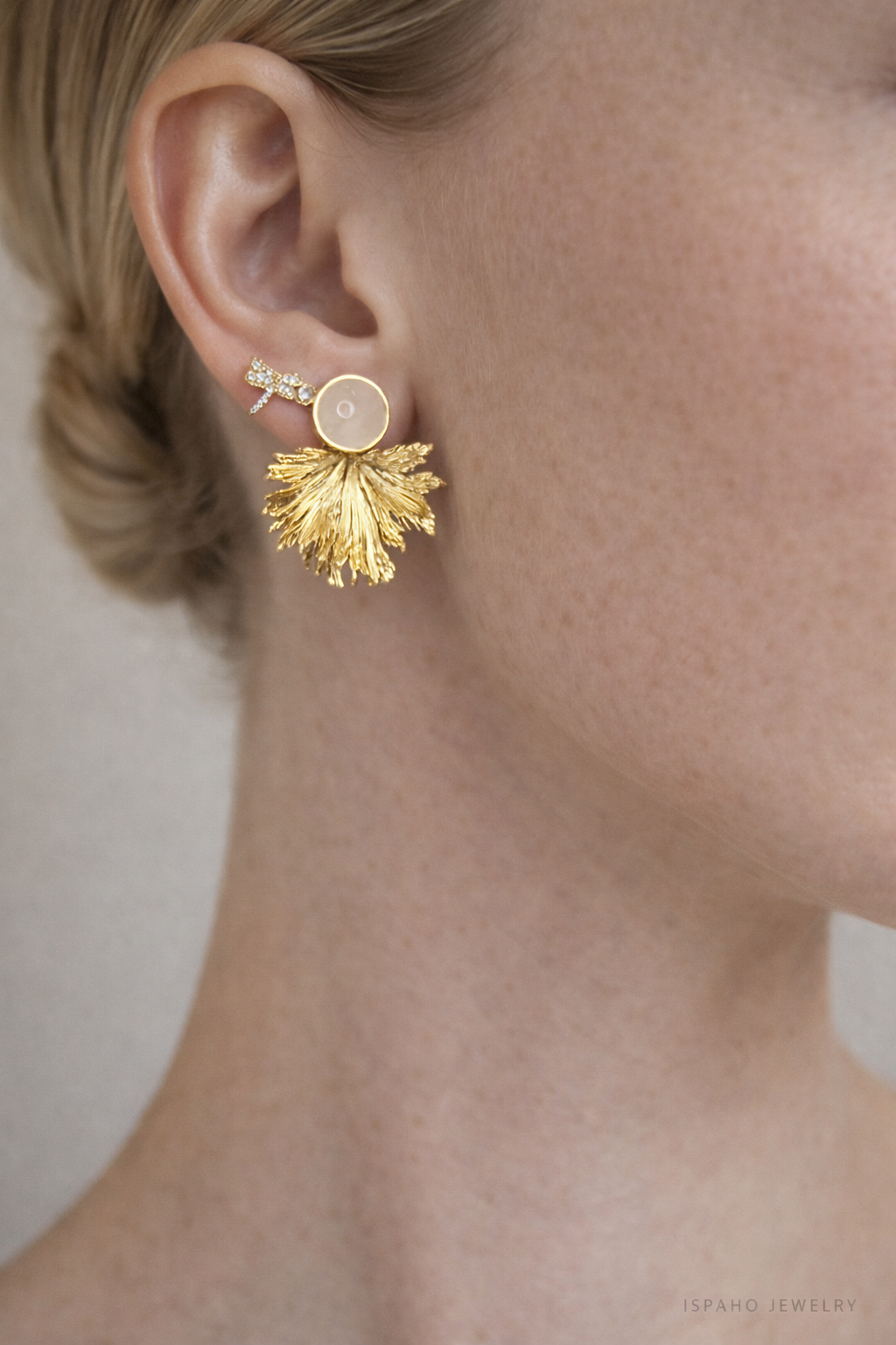 Rozquartz Taşı | 24 K Altın Kaplama Özel Tasarım Küpe