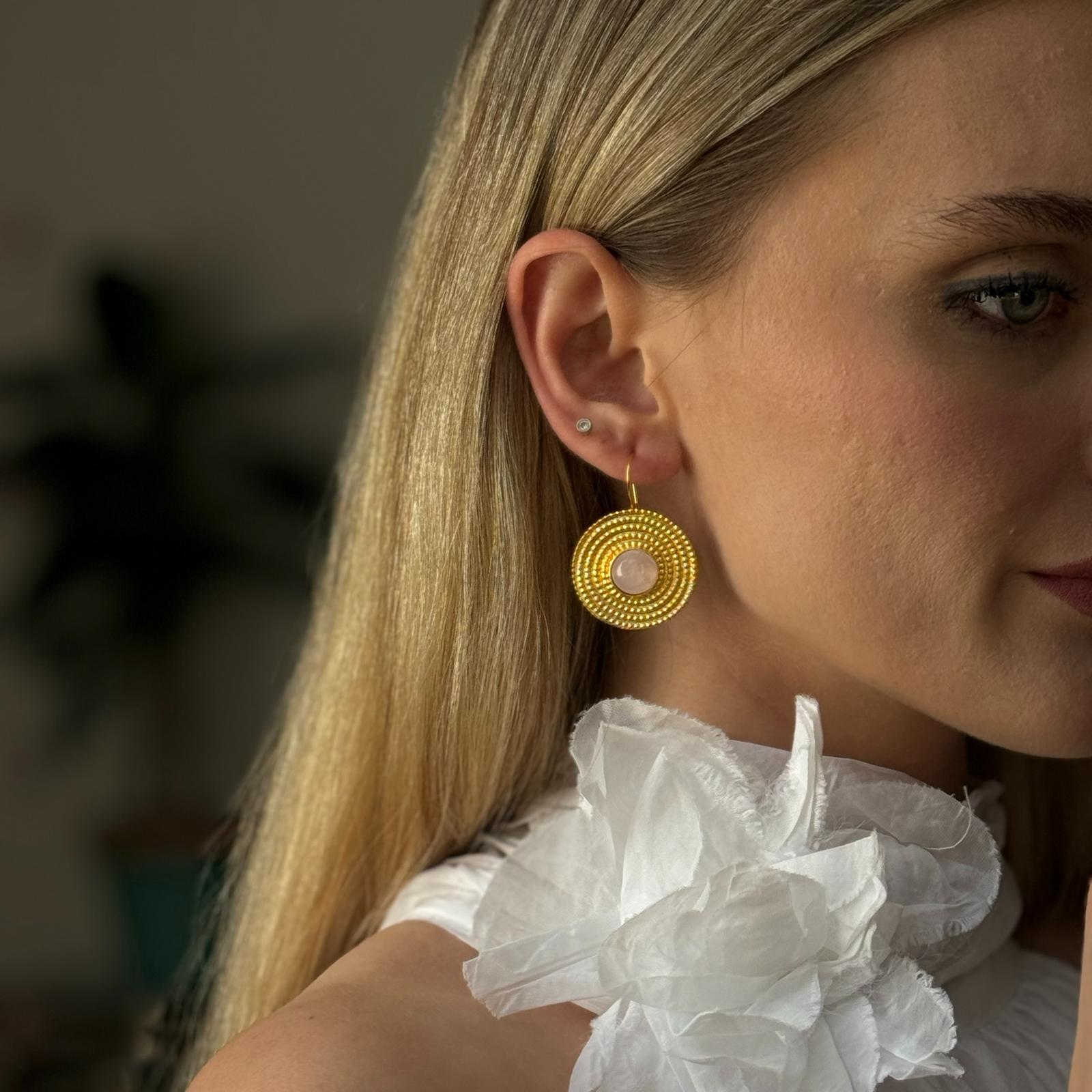 Rozquartz Taşı Özel Tasarım Küpe Yuvarlak