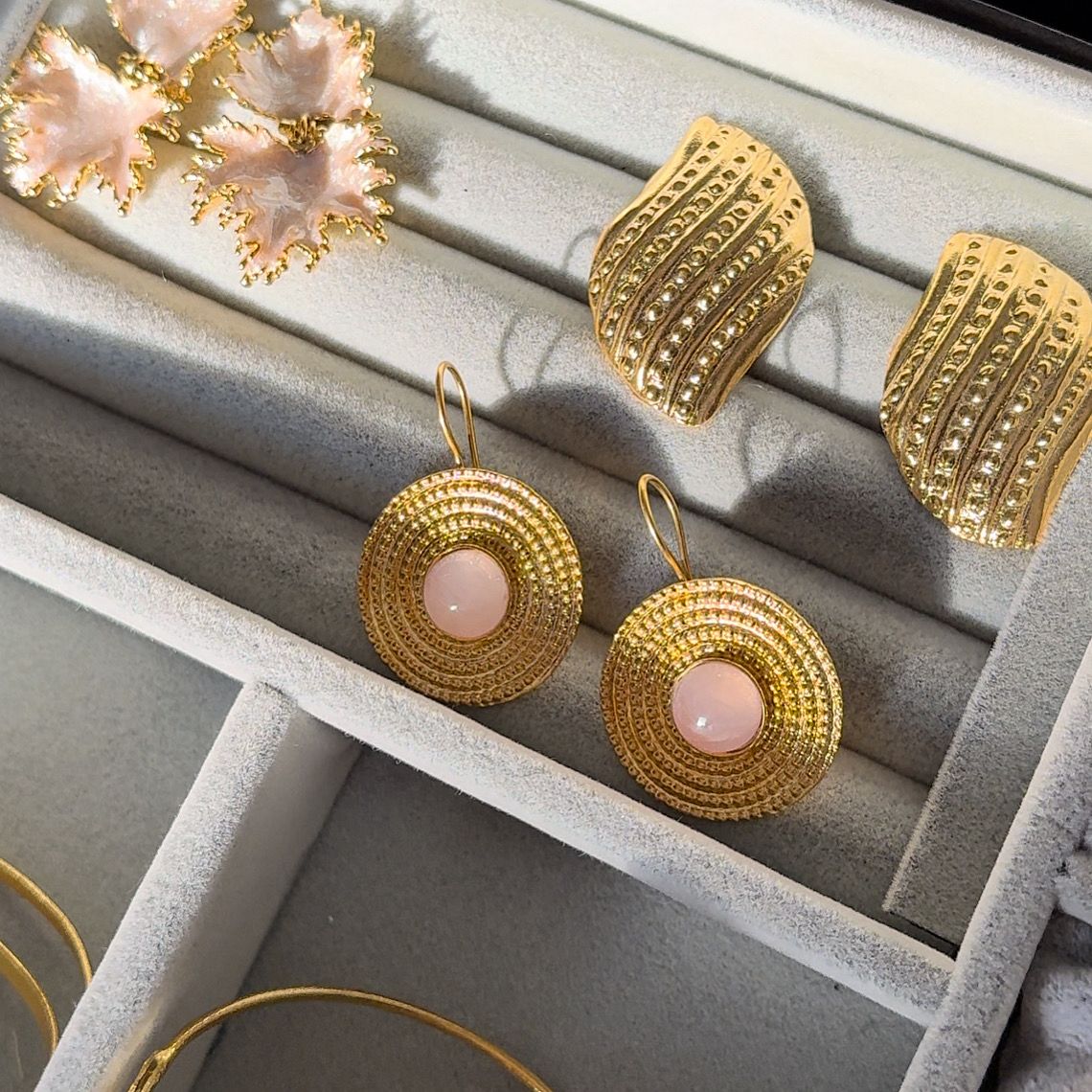 Rozquartz Taşı Özel Tasarım Küpe Yuvarlak