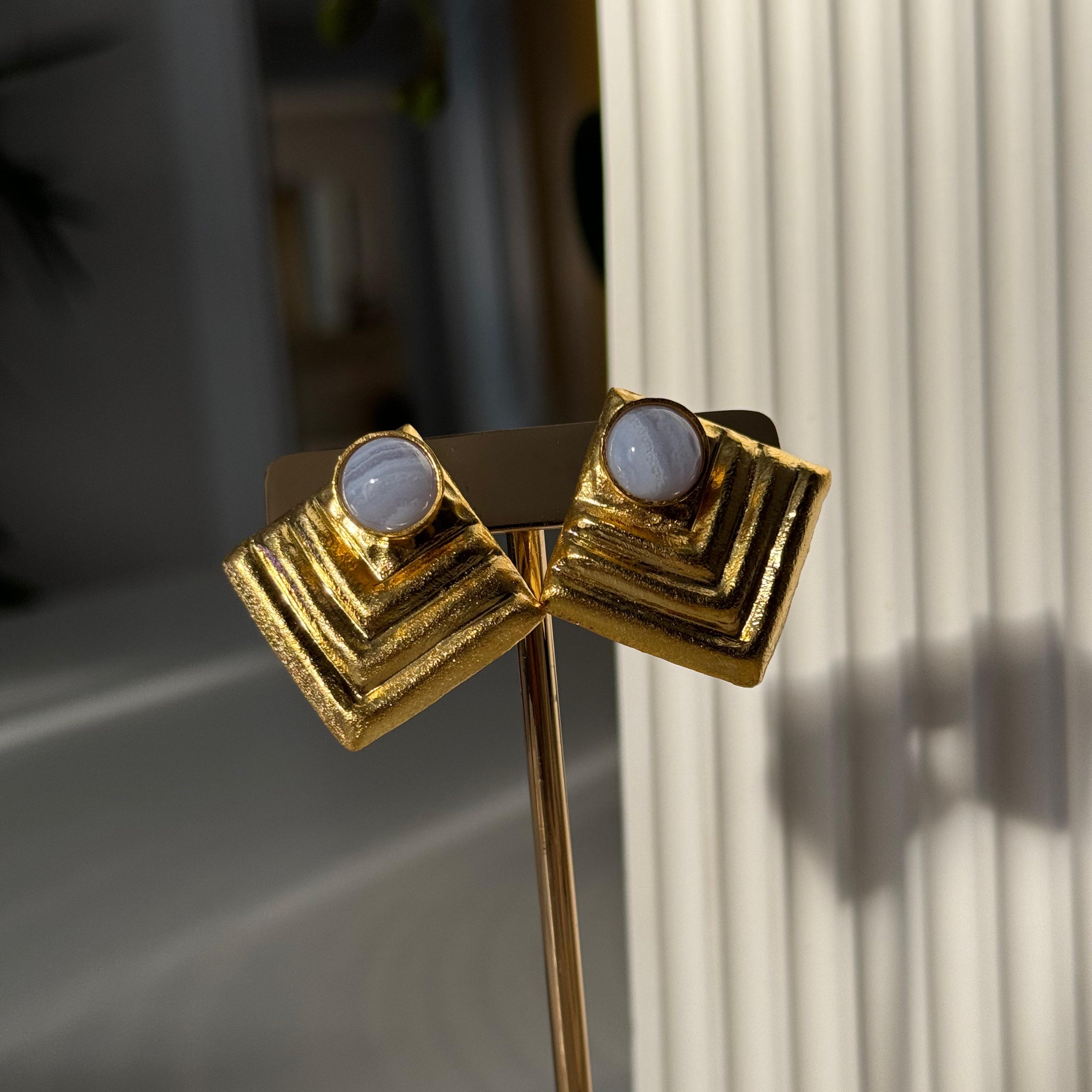 Kalsedon Taşı El Yapımı Özel Tasarım Küpe