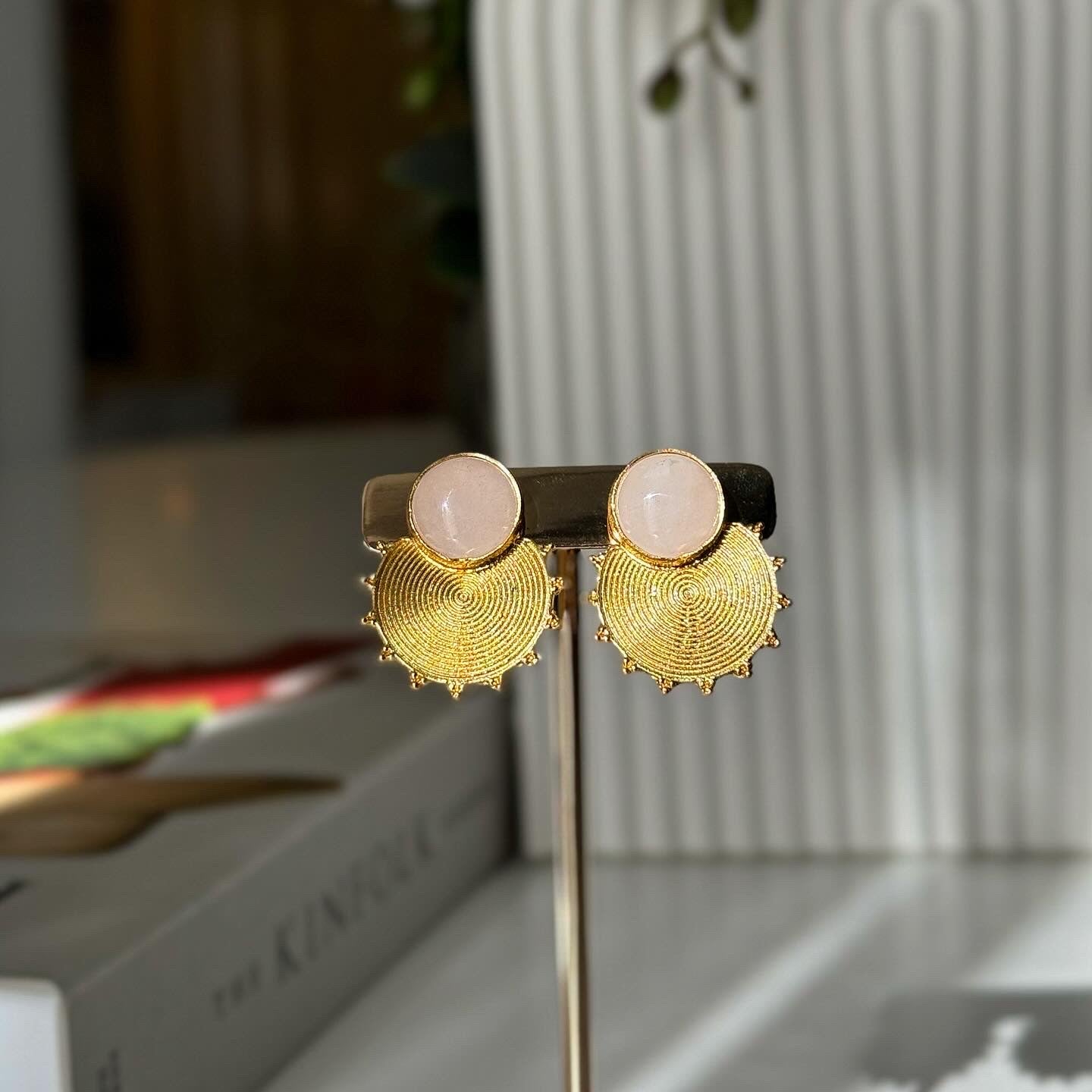 Rozquartz Taşı El Yapımı Tasarım Güneş Küpe